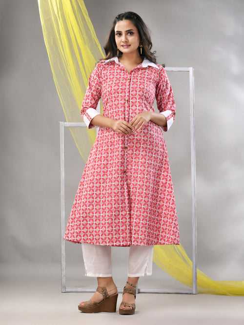 Red Cotton Printed A-line Kurta Set