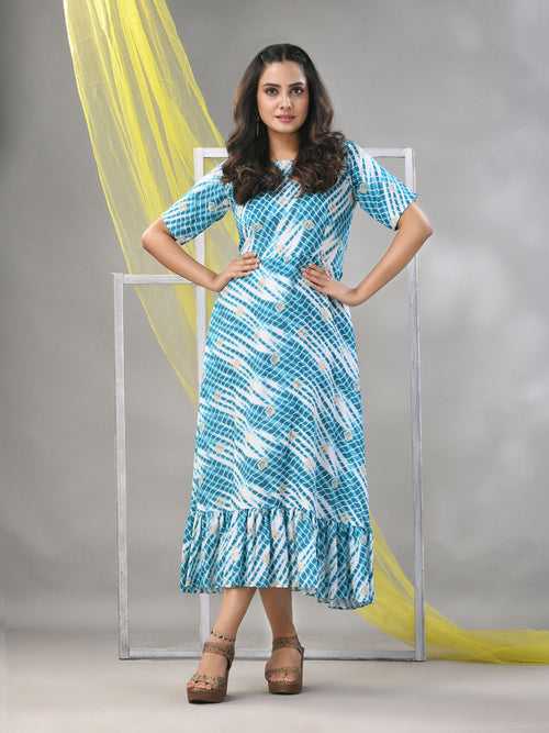 White And Cobalt Blue Rayon Shibori Printed Ethnic Dress