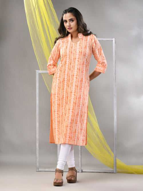 Orange Rayon Printed Straight Kurta