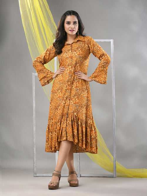 Mustard Rayon Printed A-line Ethnic Dress