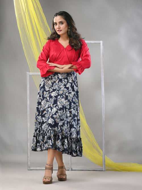 Navy Blue Rayon Printed Flared Ethnic Dress