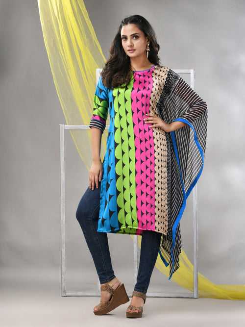 Multicolor Printed Satin Asymmetrical Straight Kurta