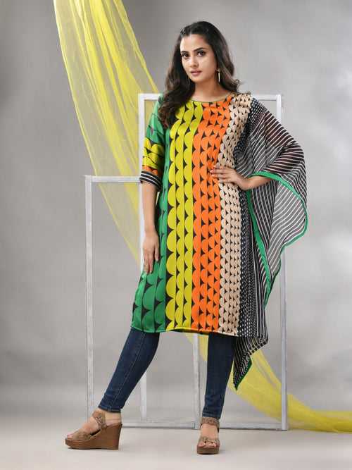 Multicolor Printed Satin Asymmetrical Straight Kurta