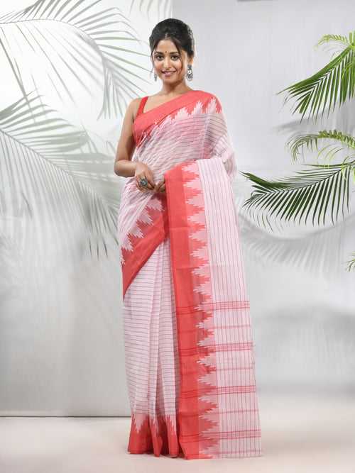 White Pure Cotton Taant Saree With Temple Border