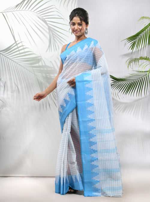 White Pure Cotton Taant Saree With Temple Border