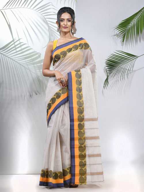 White Pure Cotton Taant Saree With Woven Designs