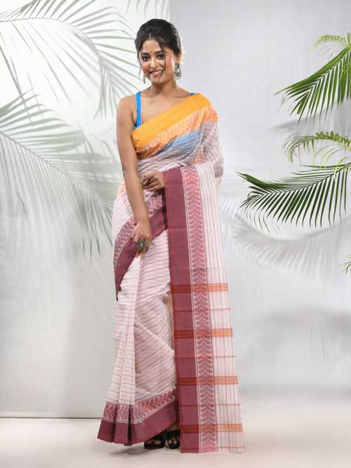 White Pure Cotton Taant Saree With Woven Designs