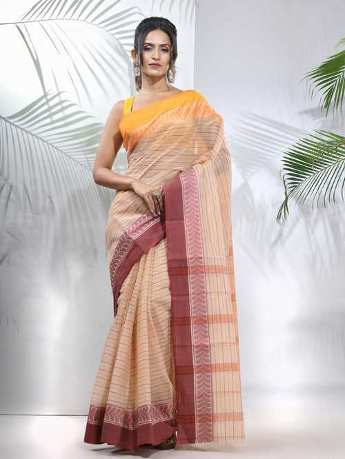 Beige Pure Cotton Taant Saree With Woven Designs