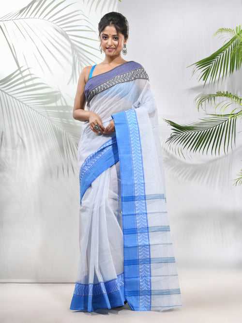 White Pure Cotton Taant Saree With Woven Designs