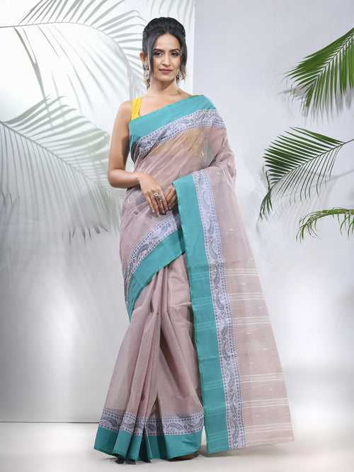 Ecru Pure Cotton Taant Saree With Woven Designs