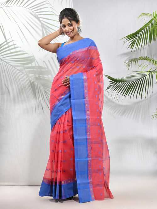 Crimson Red Pure Cotton Taant Saree With Woven Designs