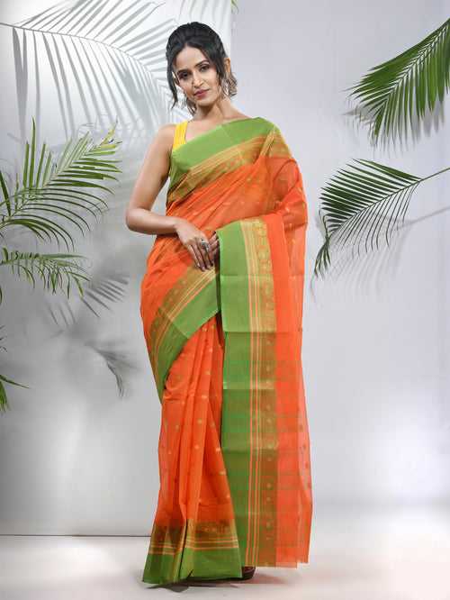 Orange Pure Cotton Taant Saree With Woven Designs
