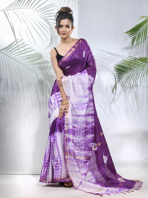 Violet And White Shibori Printed Silk Saree