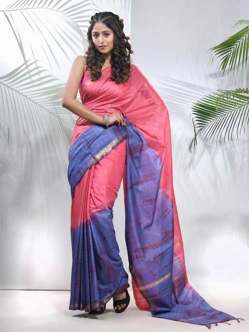 Salmon Pink And Aegean Blue Shibori Printed Silk Saree