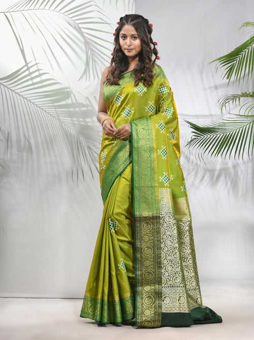 Parrot Green Embroidered Motifs Silk Saree With Zari Borders