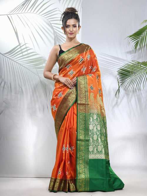 Orange Embroidered Motifs Silk Saree With Zari Borders