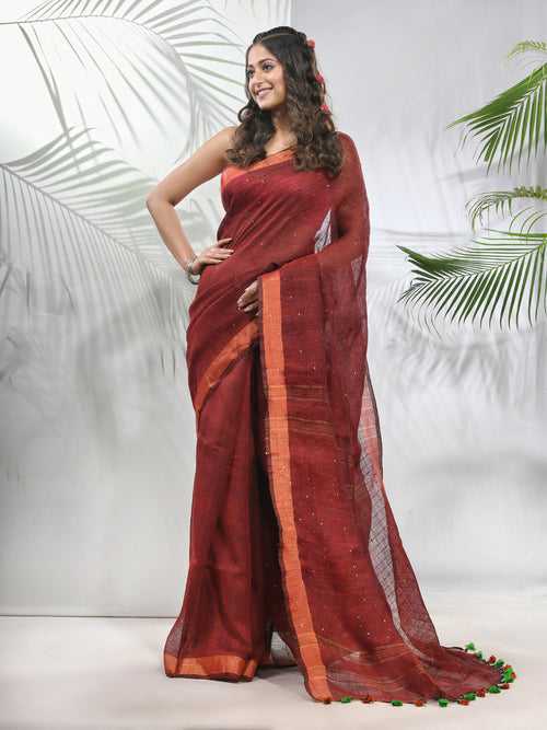 Maroon Linen Saree With Sequined Work In Stripes