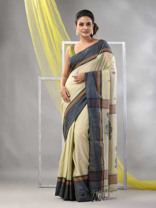 Ecru Cotton Handspun Soft Saree With Leaf Motifs