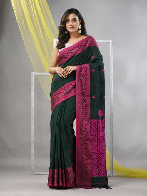 Forest Green Cotton Soft Saree With Nakshi Pattern