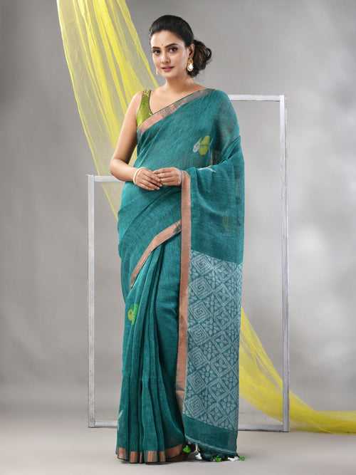 Turquoise Linen Soft Saree With Bird Motifs