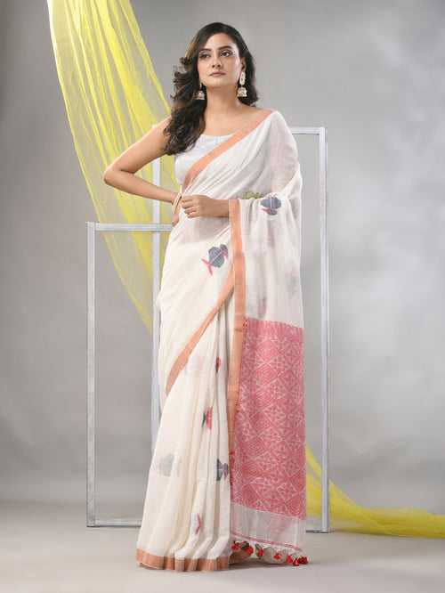 Off White Linen Soft Saree With Bird Motifs