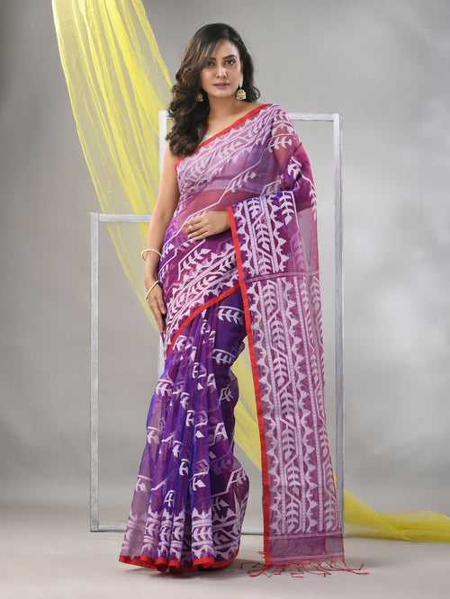 Violet Muslin Duel-tone Saree With Jamdani Designs