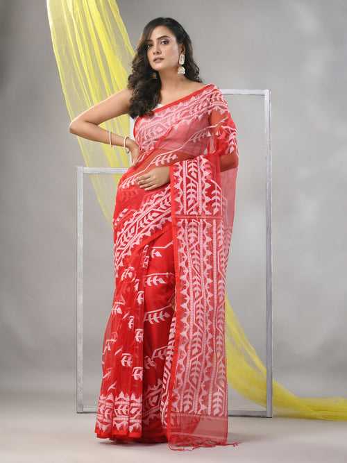 Red Muslin Saree With Jamdani Designs