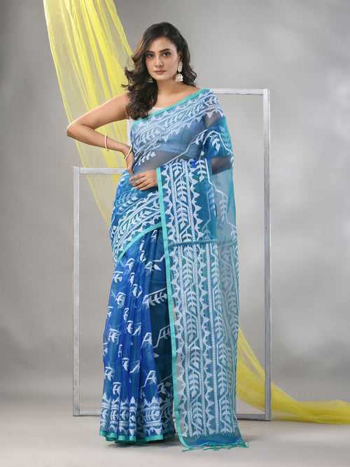 Turquoise Muslin Saree With Jamdani Designs