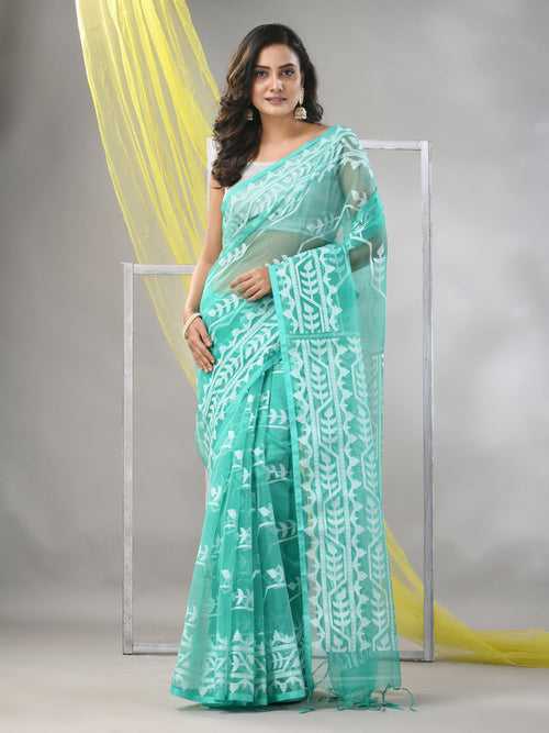 Sea Green Muslin Saree With Jamdani Designs