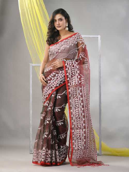 Maroon Muslin Saree With Jamdani Designs