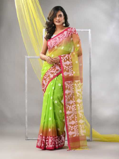 Parrot Green Muslin Saree With Jamdani Designs