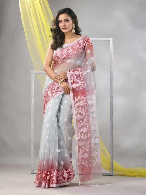 Grey Muslin Saree With Jamdani Designs