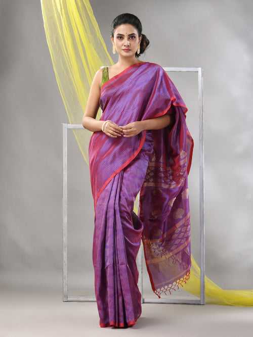 Lilac Silk Matka Duel-tone Soft Saree With Stripes Pattern