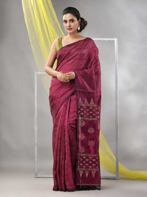 Magenta Silk Matka Soft Saree With Stripes Pattern