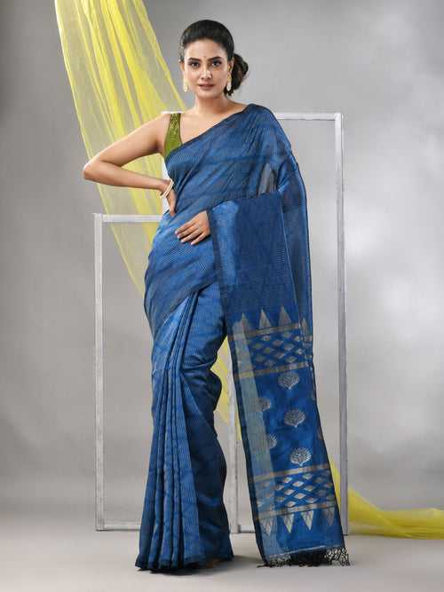 Sapphire Blue Silk Matka Soft Saree With Stripes Pattern