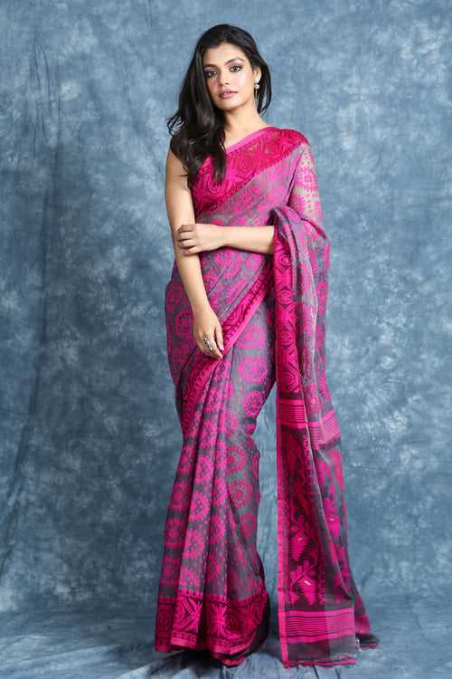 Grey & Pink Jamdani Saree With Allover Weaving