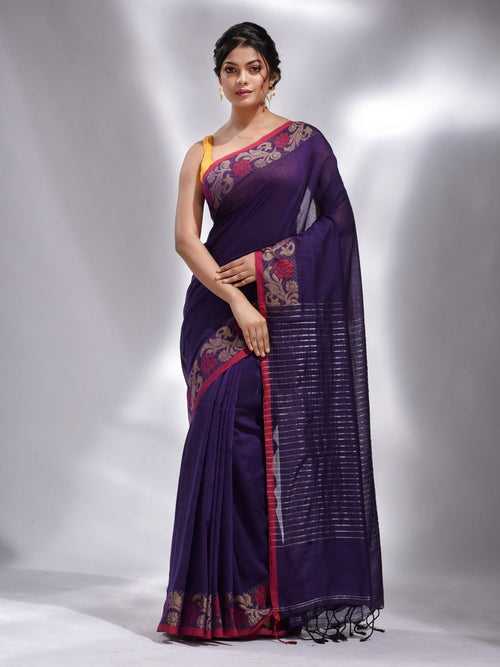 Purple Cotton Handwoven Saree With Floral Border