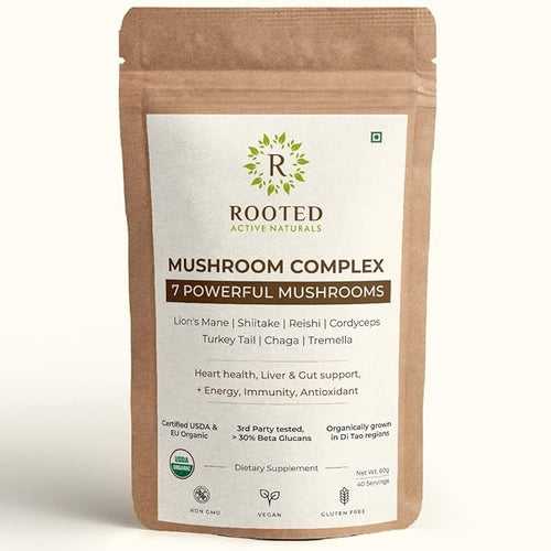 Rooted Actives 7 Mushrooms Complex (60 g) extract powder | Heart, Liver, Gut, Energy & Immunity