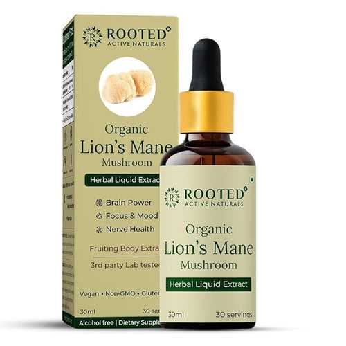 Rooted Actives Lions Mane mushroom liquid Extract (30 ml) | Memory, Focus, Brain Powder & Nerve Health