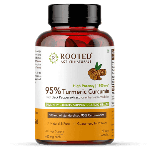 Rooted Actives Turmeric Curcumin (95%) with Reishi Mushroom extract 1300mg, for Immunity, Joints Cardio Health| 60 VEG Capsules