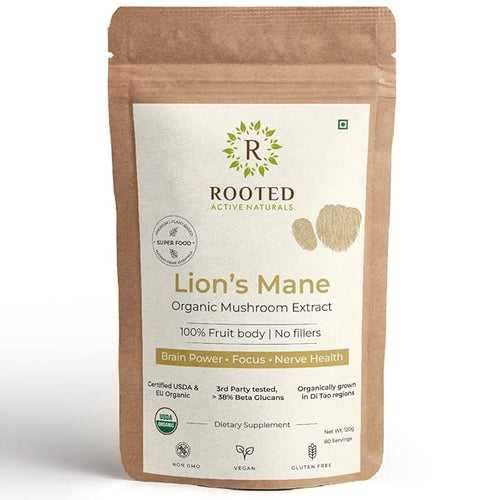 Rooted Lions Mane mushroom Extract Powder (120 gm) | Memory, Focus, Brain Powder & Nerve Health.