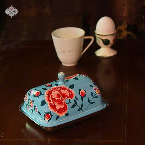 Enamel Hand-Painted peony motif Butter Dish - Blue Floral