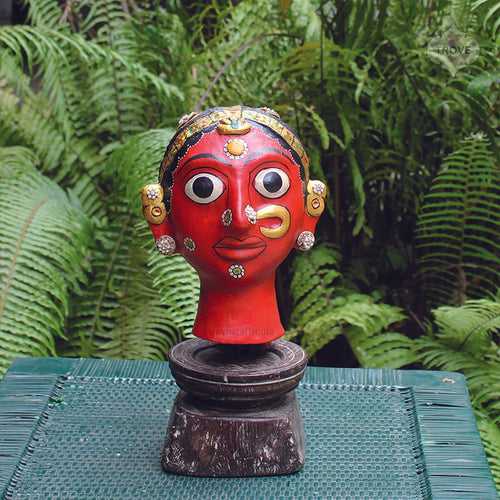 Red Cherial Woman Bust with Zardozi Jewelry on stand - Large