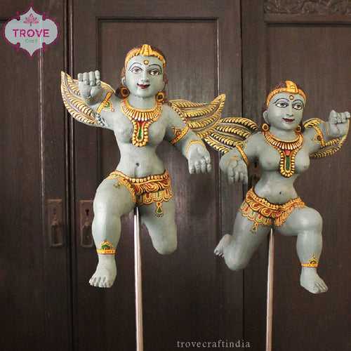 Hand-painted & carved wooden angels on wooden base