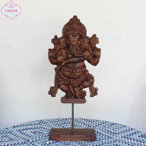 Hand Carved Wooden Lord Ganesha Idol - Decor