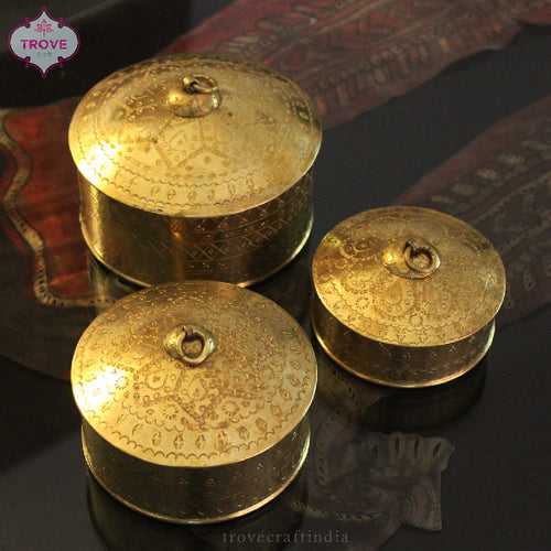 Set of 3 Traditional brass Hand-etched Nesting storage box