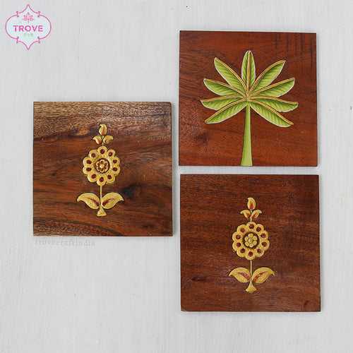 Set of 3 Hand-painted Square Embossed Wooden plaques