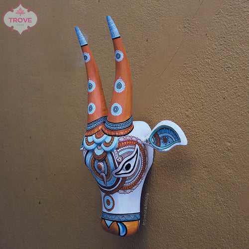 16" Hand Painted Decorative Pattachitra Wooden Cow Head