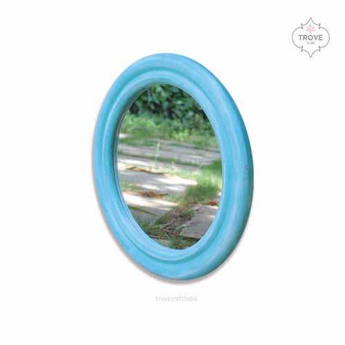 Distressed Round Hand-Painted Mirror Frame in Teal Blue