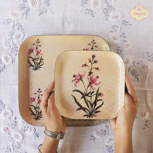 Set of 2 Square Mughal Floral Serving Plate - Digital Print of Our Hand-painted Designs